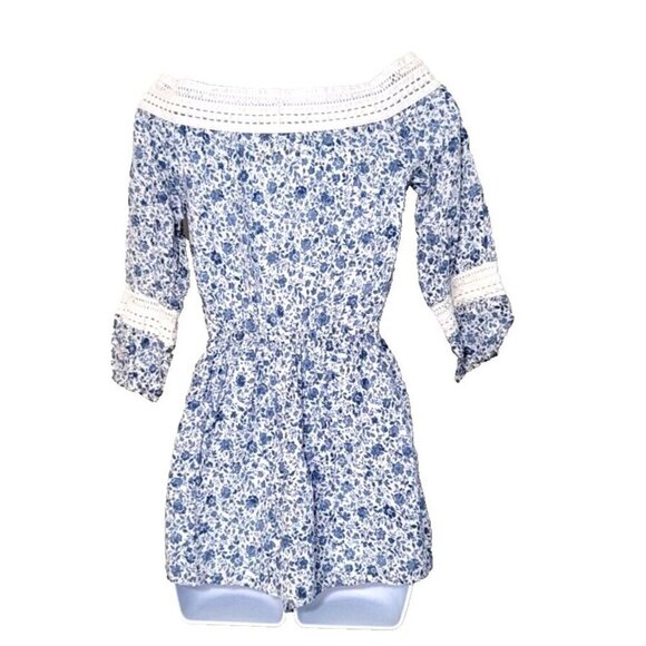 Hollister Womens sz XS romper shorts floral white embroidery stretch 3/4 sleeve - Picture 6 of 16